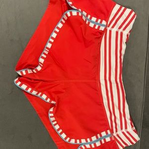Red, white, and light blue lululemon shorts size 6